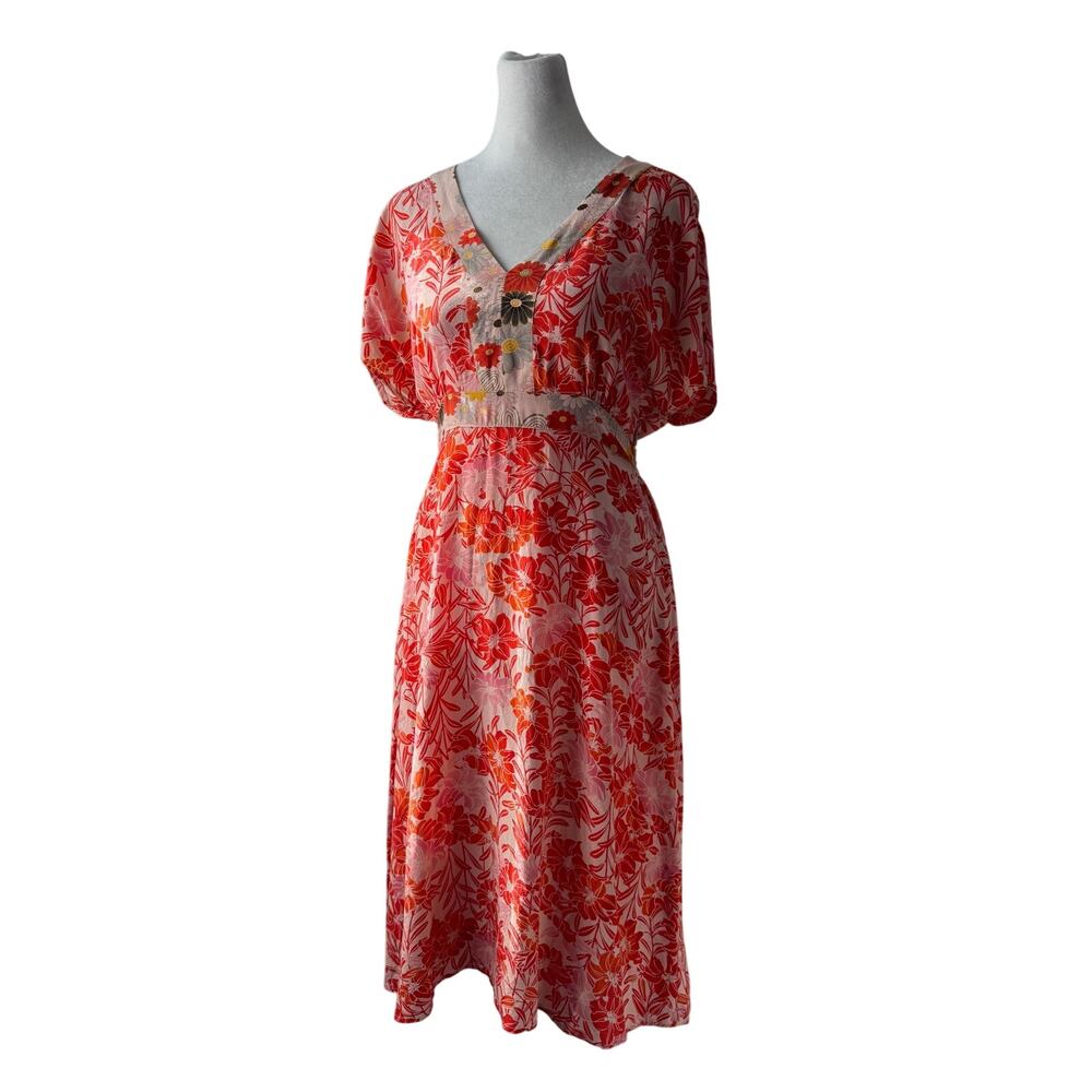 Odille Coral Floral Print Silk Short Sleeve V-Neck Midi Dress